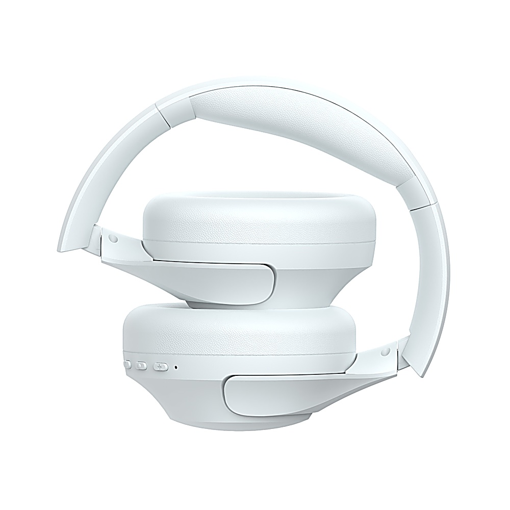 Białe słuchawki DCU Technologic złożone, pokazujące nauszniki i pałąk.