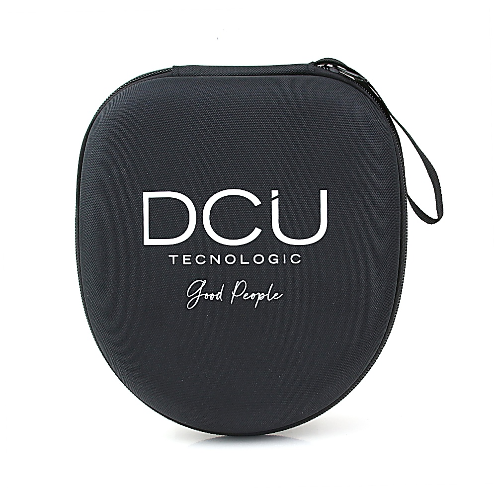 Czarny, zaokrąglony futerał na słuchawki DCU Technologic z nazwą marki w kolorze białym.