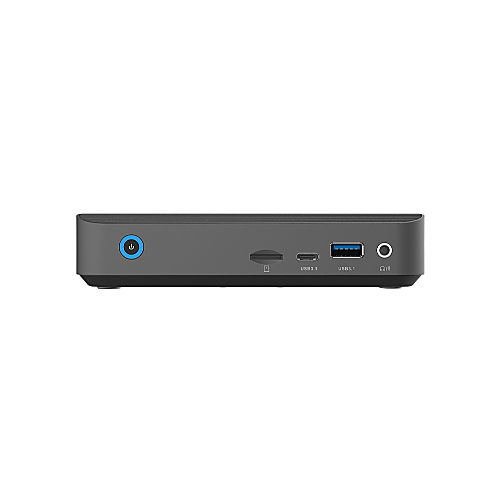 Un piccolo media player grigio scuro con porte USB, slot per schede SD e jack per cuffie.