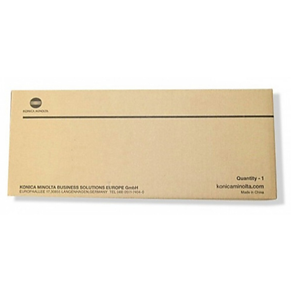 Una scatola beige Konica Minolta con testo che include il logo dell'azienda e i dettagli di contatto.