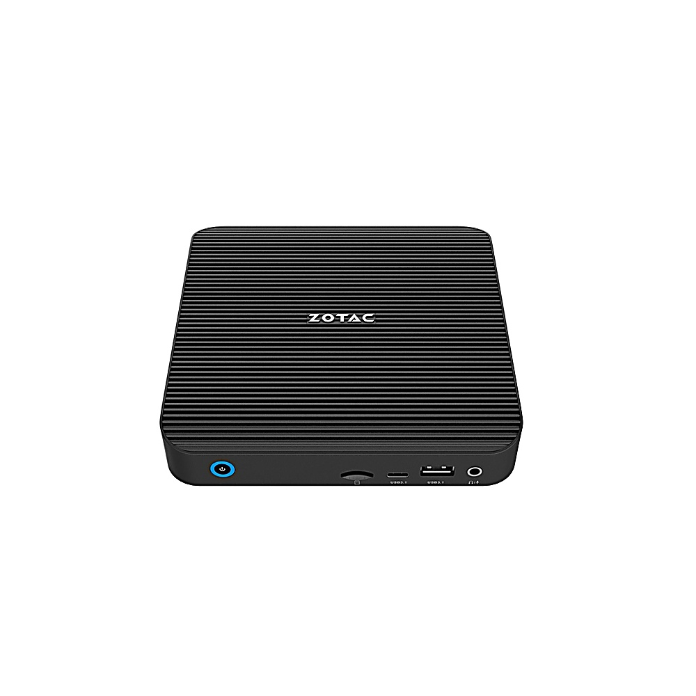 Un mini PC ZOTAC nero, con la parte superiore a coste e varie porte nella parte anteriore.