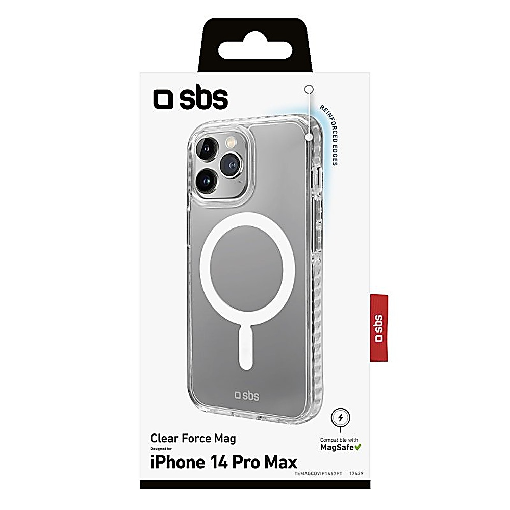 Una custodia trasparente per iPhone 14 Pro Max, con un cerchio MagSafe bianco e il logo SBS.