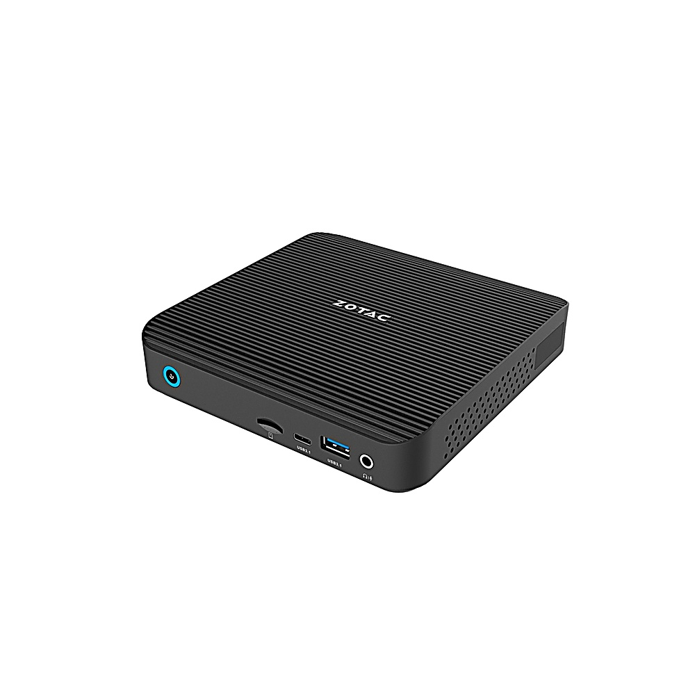 Mini PC ZOTAC nero con parte superiore a coste. Porte visibili. Sfondo bianco.