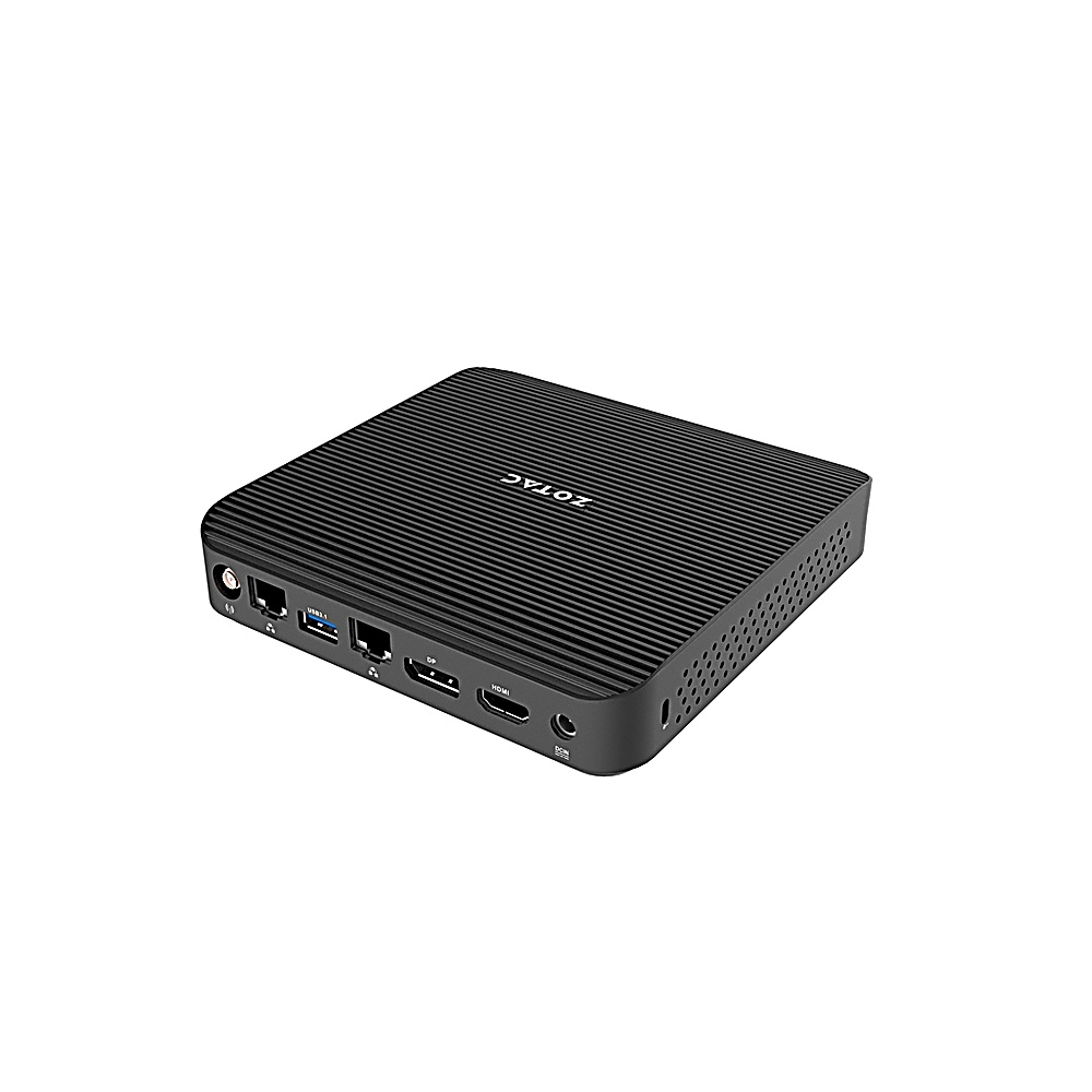 Un mini PC ZOTAC nero con parte superiore a coste, varie porte e il logo ZOTAC.