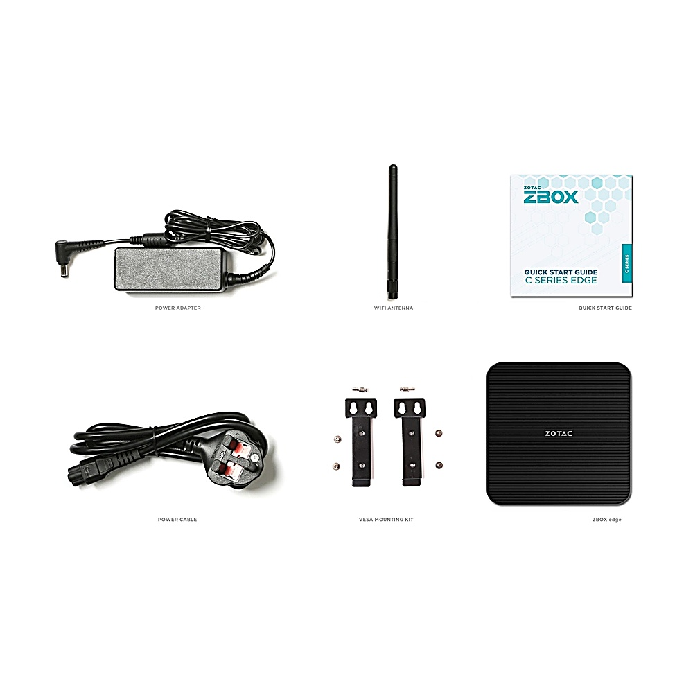 Una collezione di accessori per mini PC ZOTAC: adattatore di alimentazione, cavo di alimentazione, antenna, supporto VESA e guida.