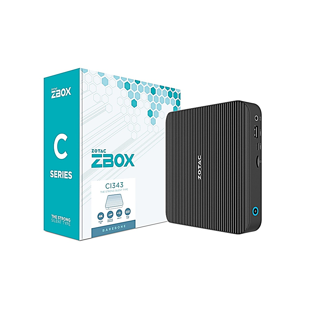 Scatola ZOTAC ZBOX e mini PC. Scatola bianca. PC nero con porte. Sfondo bianco.