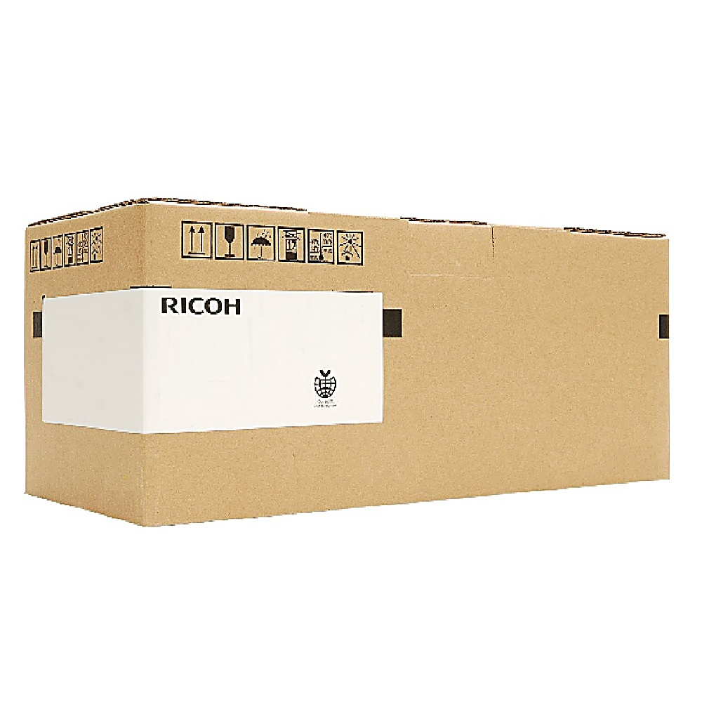 Brązowe pudełko kartonowe z białą etykietą i logo RICOH. Białe tło.