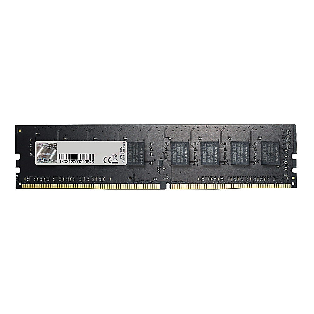 Barrette de RAM noire avec connecteurs dorés. Étiquette blanche. Fond blanc.