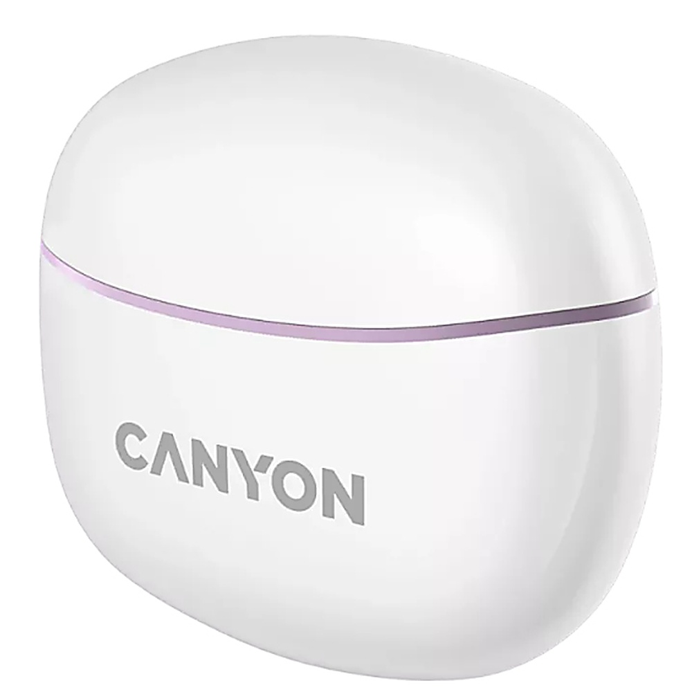 Białe, owalne etui na słuchawki Canyon. Ma cienką fioletową linię.