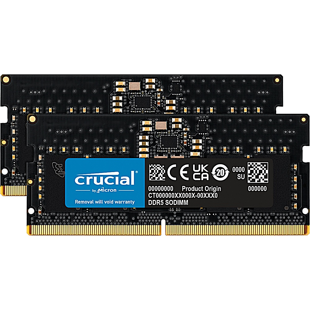 Twee Crucial RAM-sticks. Blauw label met tekst. Witte achtergrond.