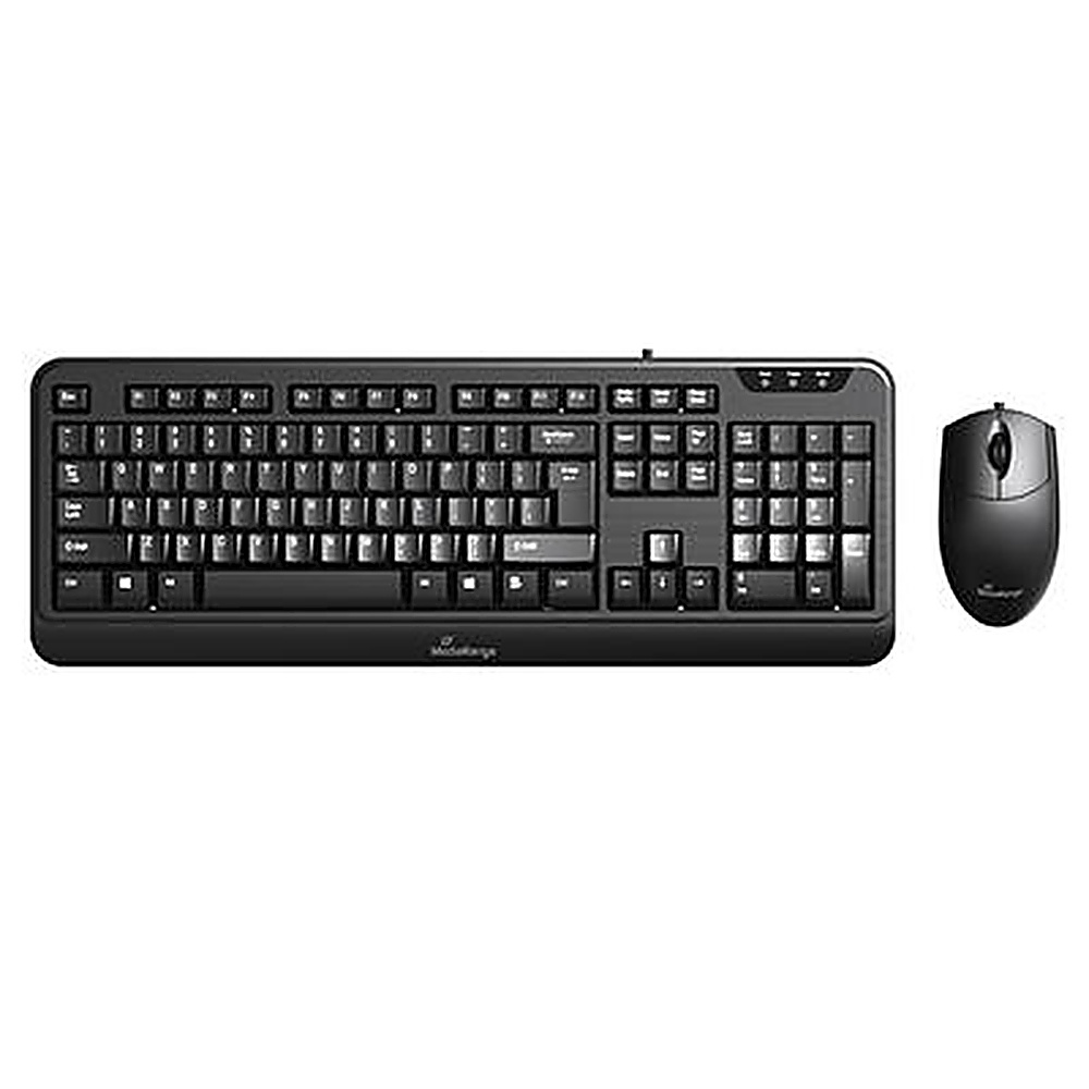 Set di tastiera e mouse neri su sfondo bianco. Il mouse è a destra.