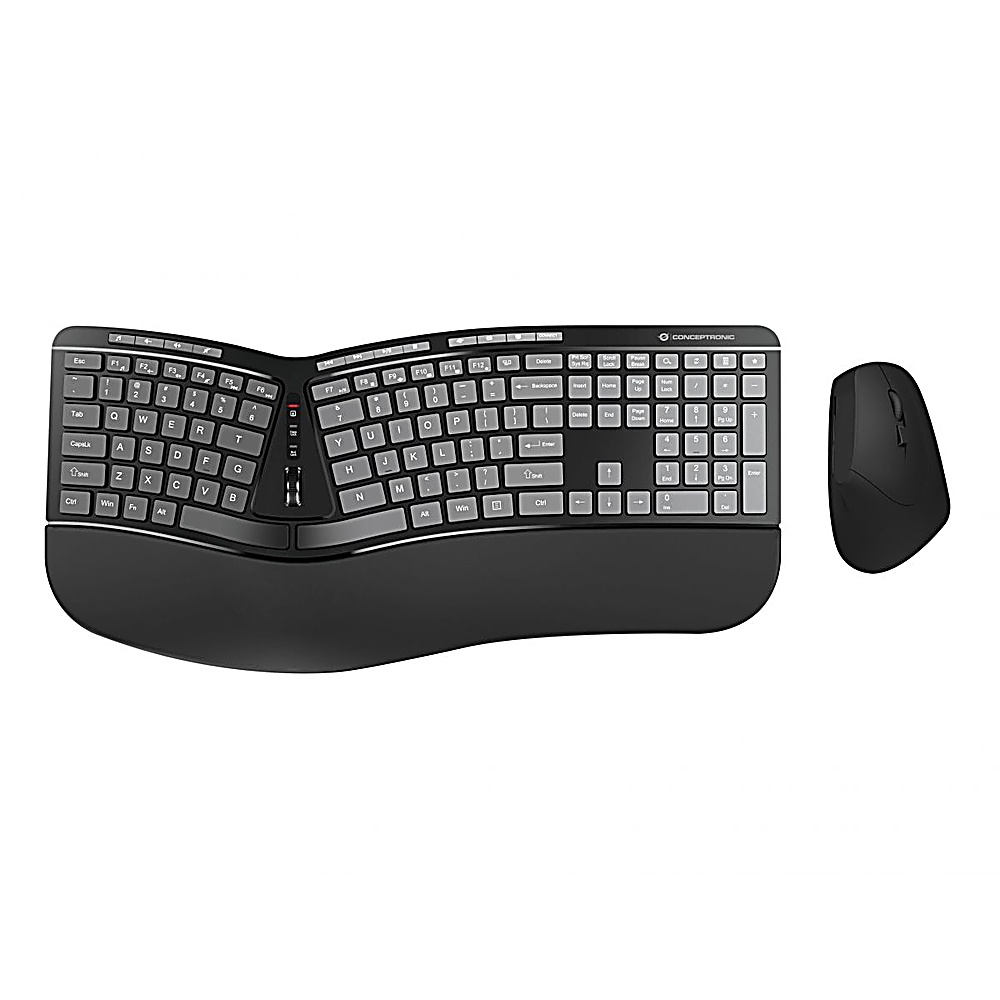 Set tastiera e mouse ergonomici neri. Tastiera curva, mouse a destra.