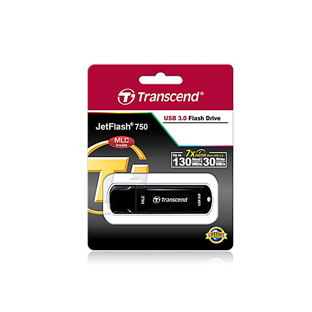 Pamięć flash USB 3.0 Transcend w opakowaniu. Czarno-biała kolorystyka.