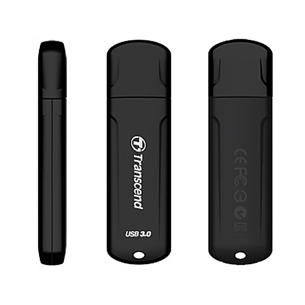 Czarny pendrive USB, trzy widoki. Widoczny tekst Transcend i USB 3.0.