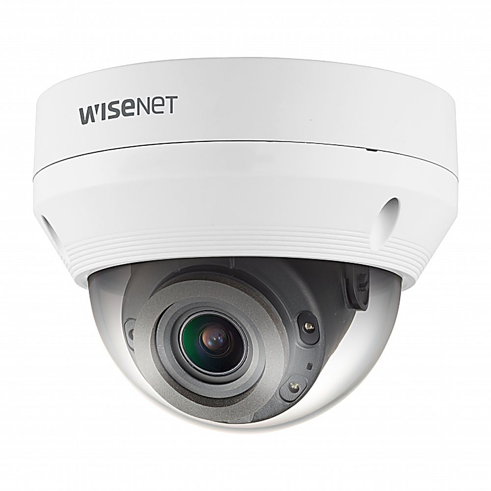 Telecamera di sicurezza Wisenet bianca e nera. Forma a cupola.