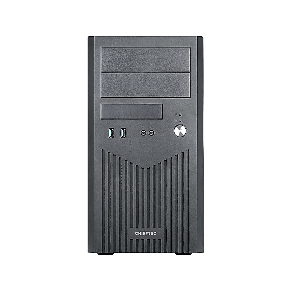 Case per computer Chieftec nero. Vista frontale con pulsante di accensione.