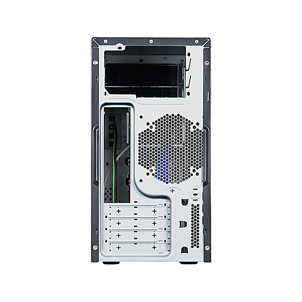 Retro di un case per computer nero. Ha una ventola, più slot e connettori.