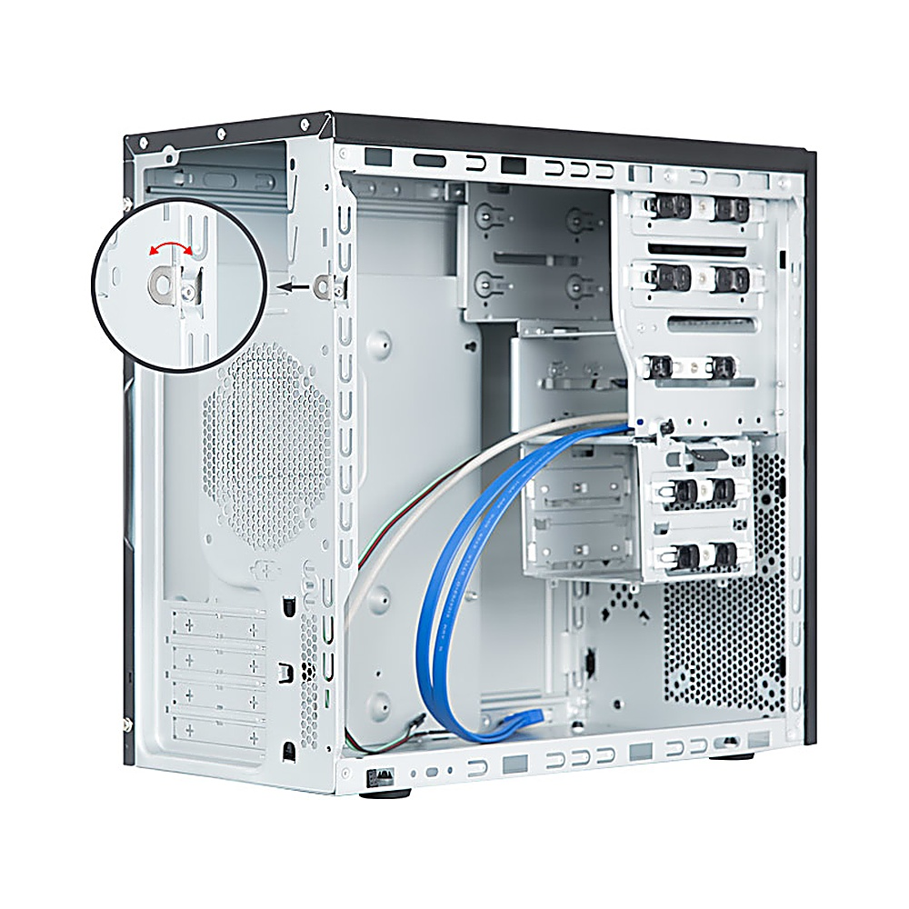 Interno del case del computer, che mostra componenti interni, cavi e punti di montaggio.