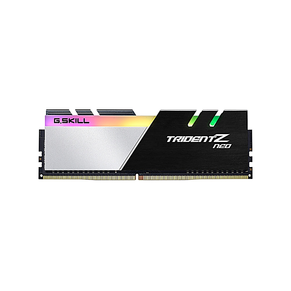 G.SKILL Trident Z Neo RAM-Stick. Schwarzer Kühlkörper, silberner Akzent und RGB-Beleuchtung. Der Text lautet TRIDENT Z NEO.