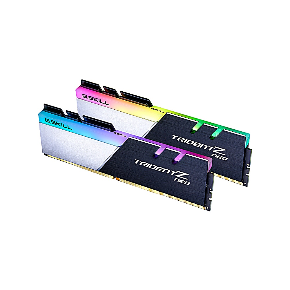 Zwei RAM-Riegel mit RGB-Beleuchtung, auf dunklem Hintergrund. Auf den Riegeln steht 'TRIDENT Z NEO'.
