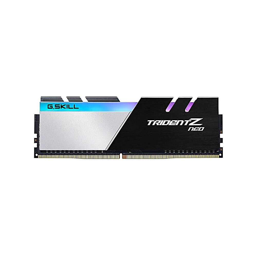 Ein RAM-Riegel mit G.SKILL-Label und Trident Z Neo-Branding. Er ist silber, schwarz und blau.