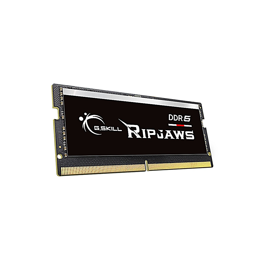 Czarny moduł RAM G.SKILL Ripjaws DDR5 ze złotymi złączami na białym tle.