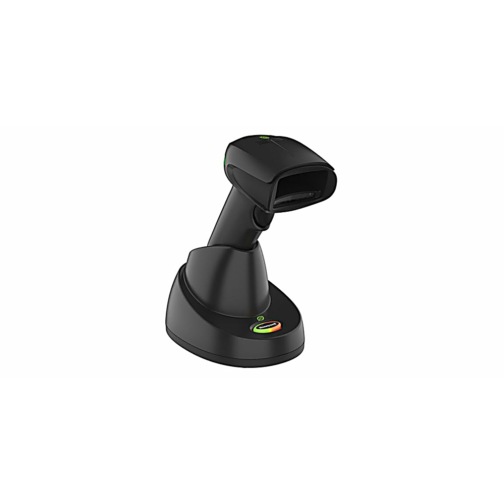 Schwarzer Barcode-Scanner auf seiner Ladestation, auf weißem Hintergrund.