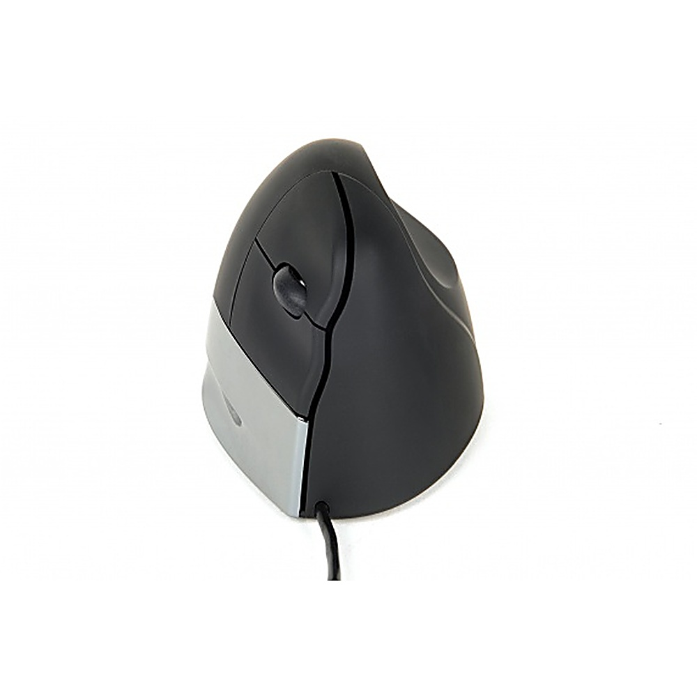 Ratón vertical ergonómico negro y gris. Tiene un botón y una rueda de desplazamiento. Cable conectado.