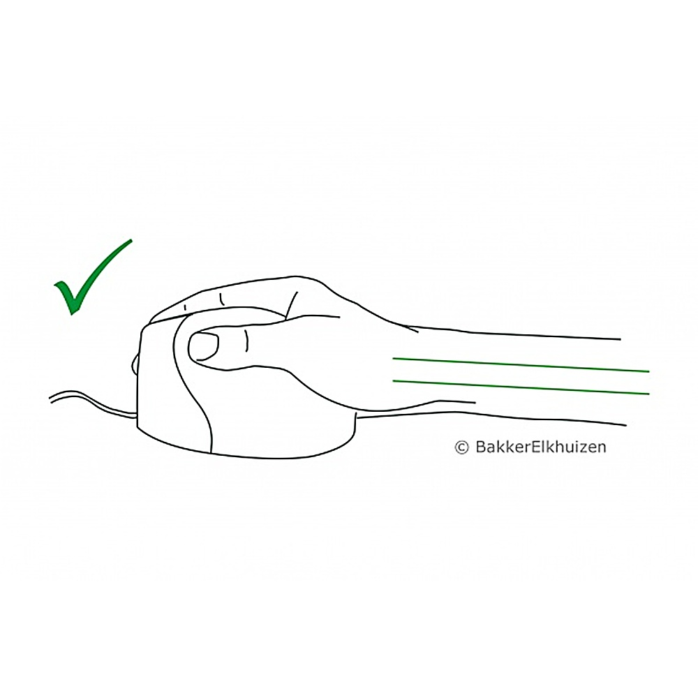 Dibujo lineal de una mano usando un ratón ergonómico. Marca de verificación verde. Texto: BakkerElkhuizen.