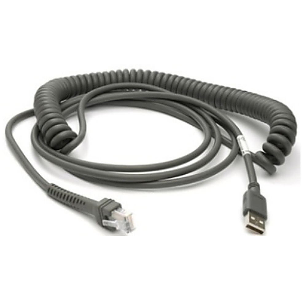 Cavo grigio arrotolato con due connettori, uno RJ45 e uno USB, su sfondo bianco.