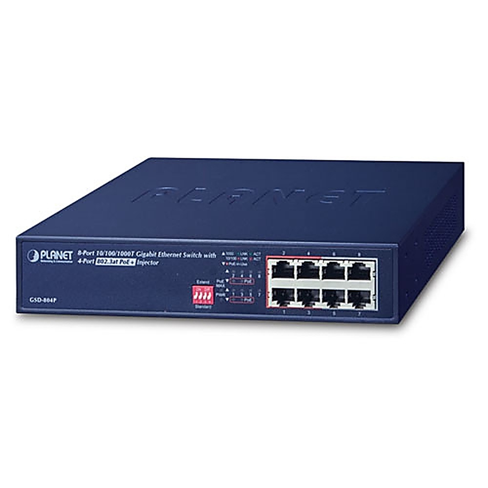Switch di rete blu. Include porte, luci e il marchio. Ha un'area interruttore rossa.