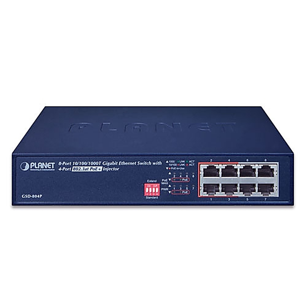 Switch Ethernet Gigabit a 8 porte blu con etichette. Sfondo bianco.