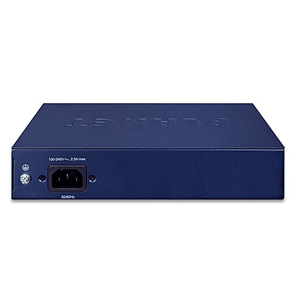 Uno switch di rete blu navy con un ingresso di alimentazione e altre porte visibili sul retro.