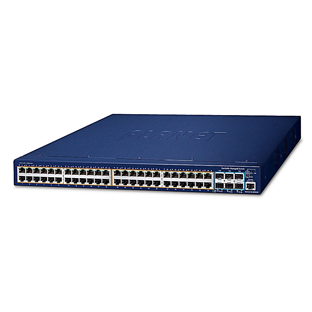 Uno switch di rete gestito blu con più porte, su sfondo bianco.