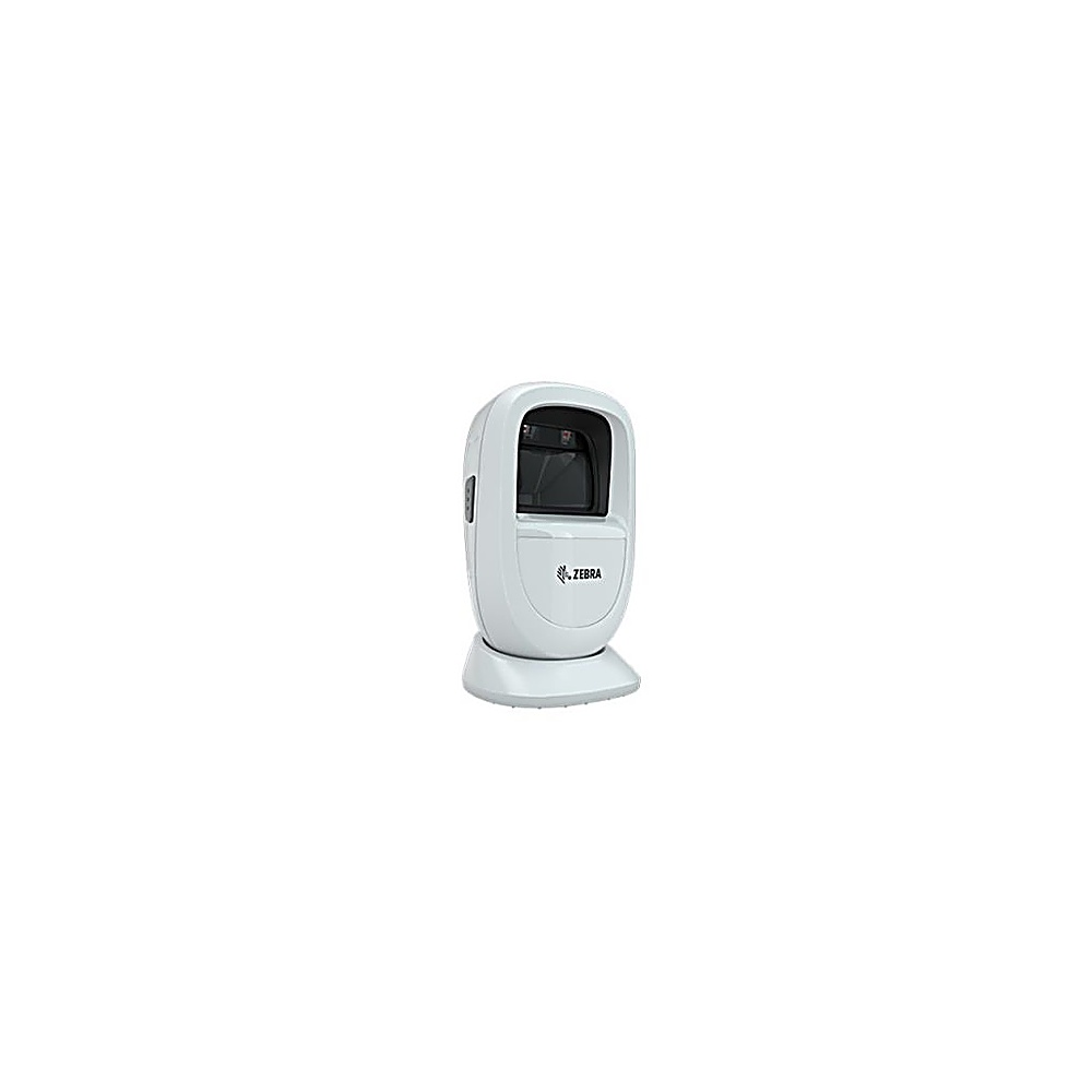 Scanner di codici a barre bianco su una base bianca. Logo Zebra. Sfondo bianco.