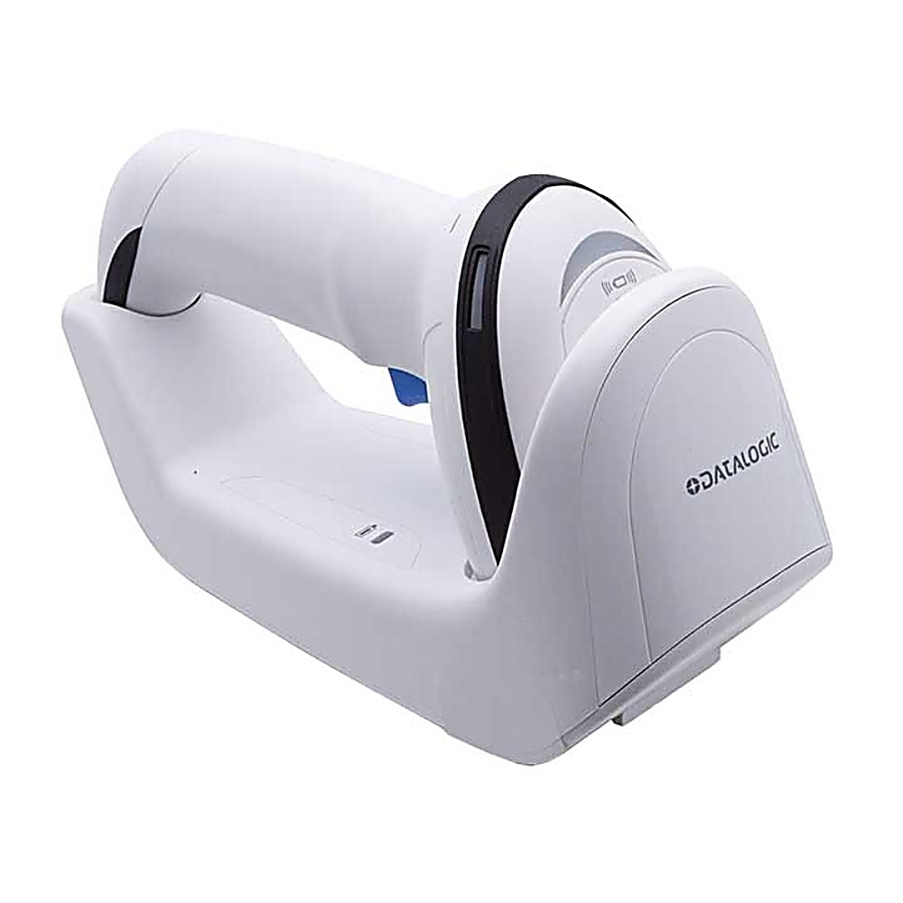 Scanner di codici a barre bianco e stazione base. Sfondo bianco.