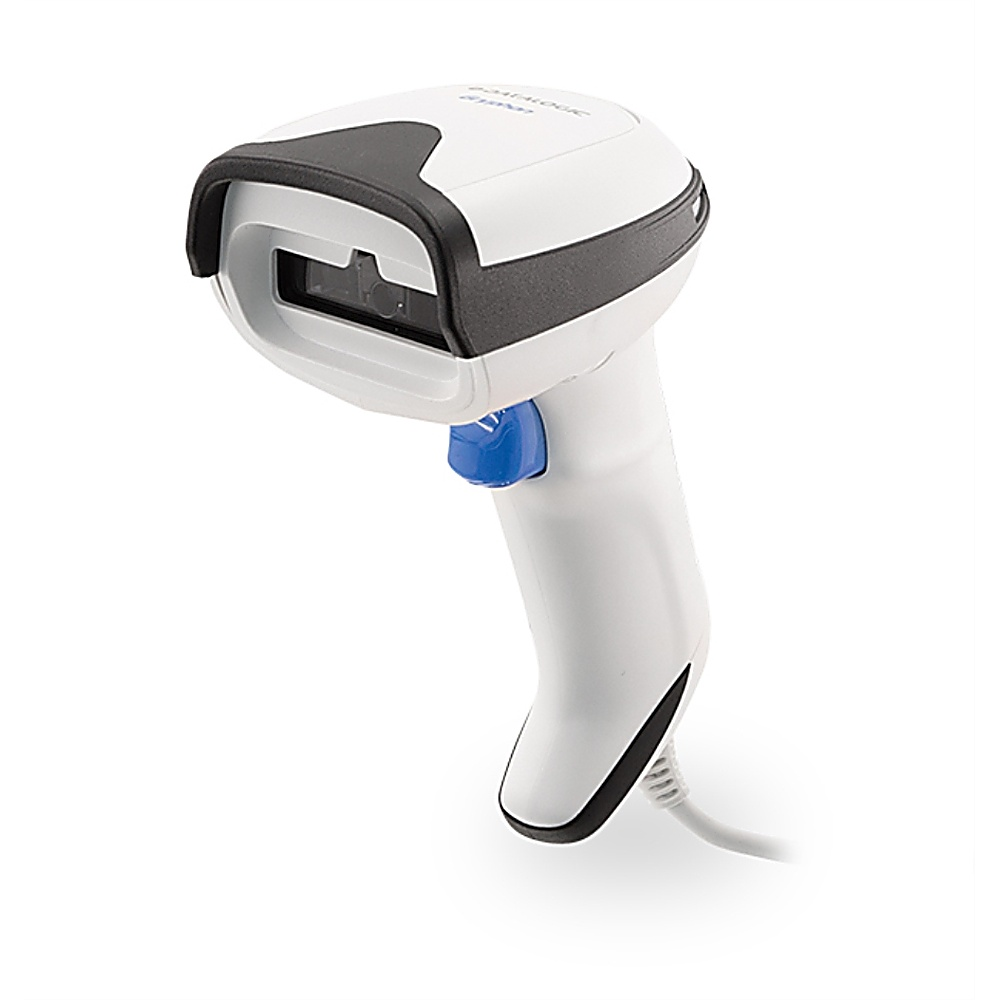 Scanner di codici a barre bianco e nero con pulsante blu e cavo. Sfondo bianco.