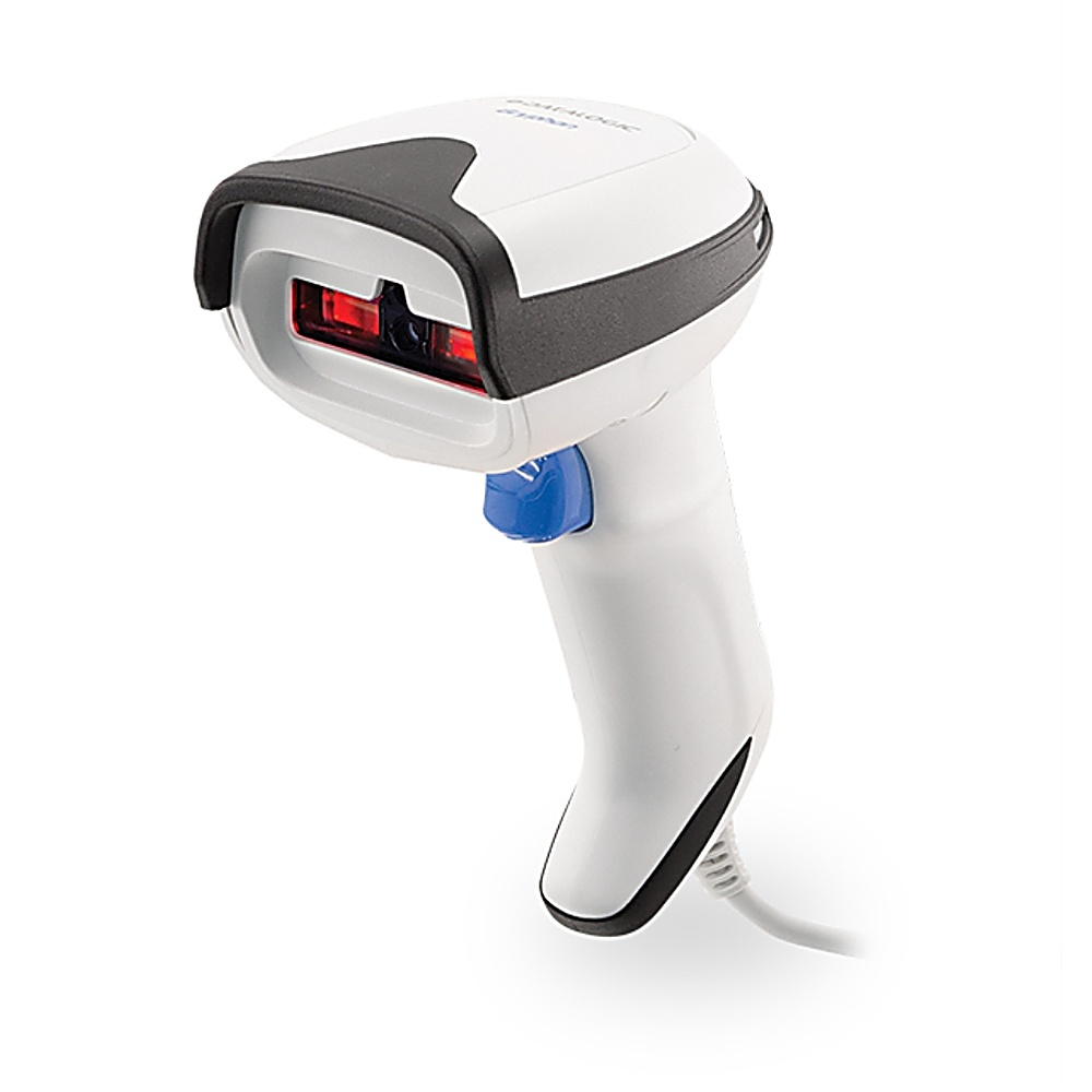 Uno scanner di codici a barre bianco e nero con un pulsante blu su sfondo bianco.
