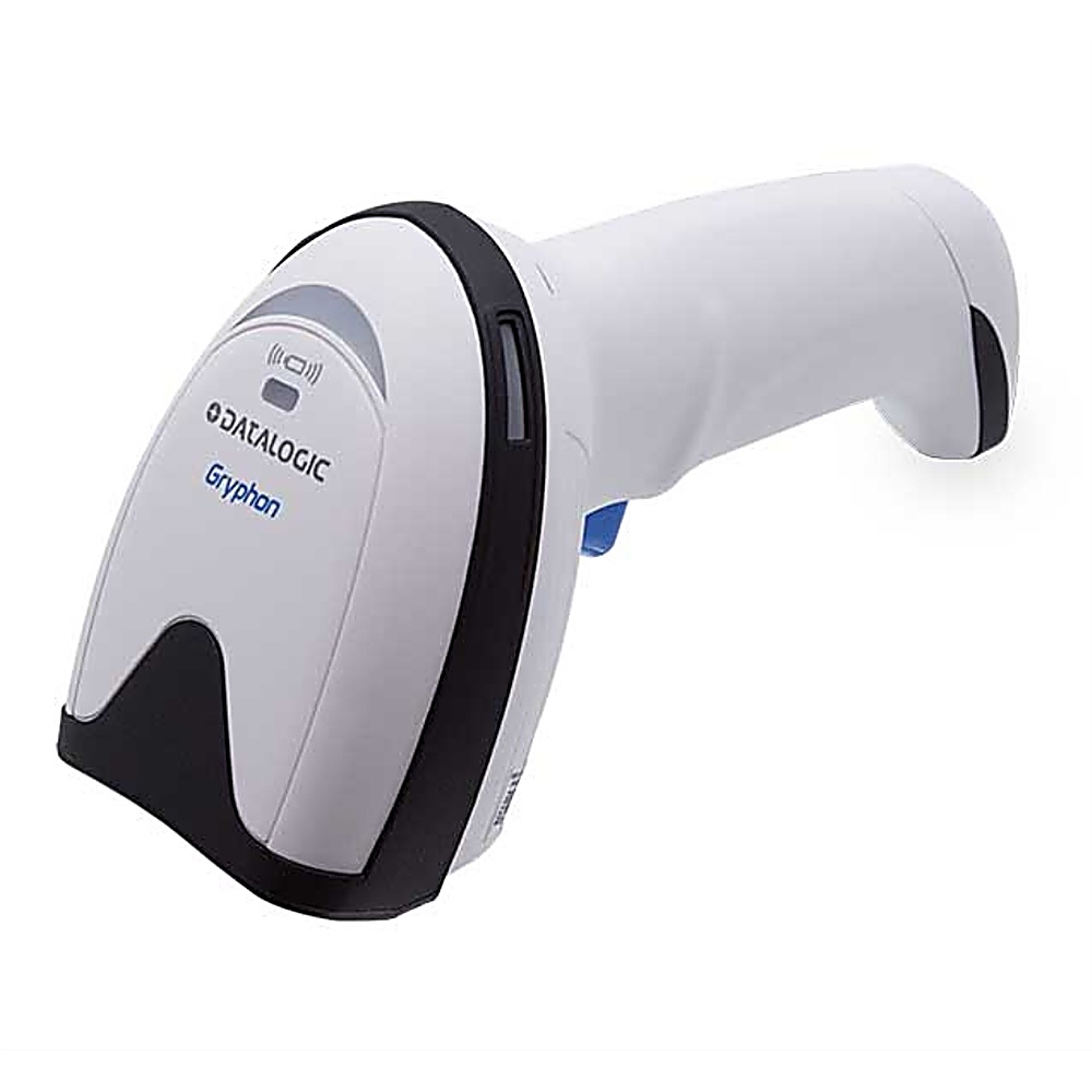 Scanner di codici a barre bianco e nero con pulsante blu e cavo. Datalogic Gryphon. Sfondo bianco.