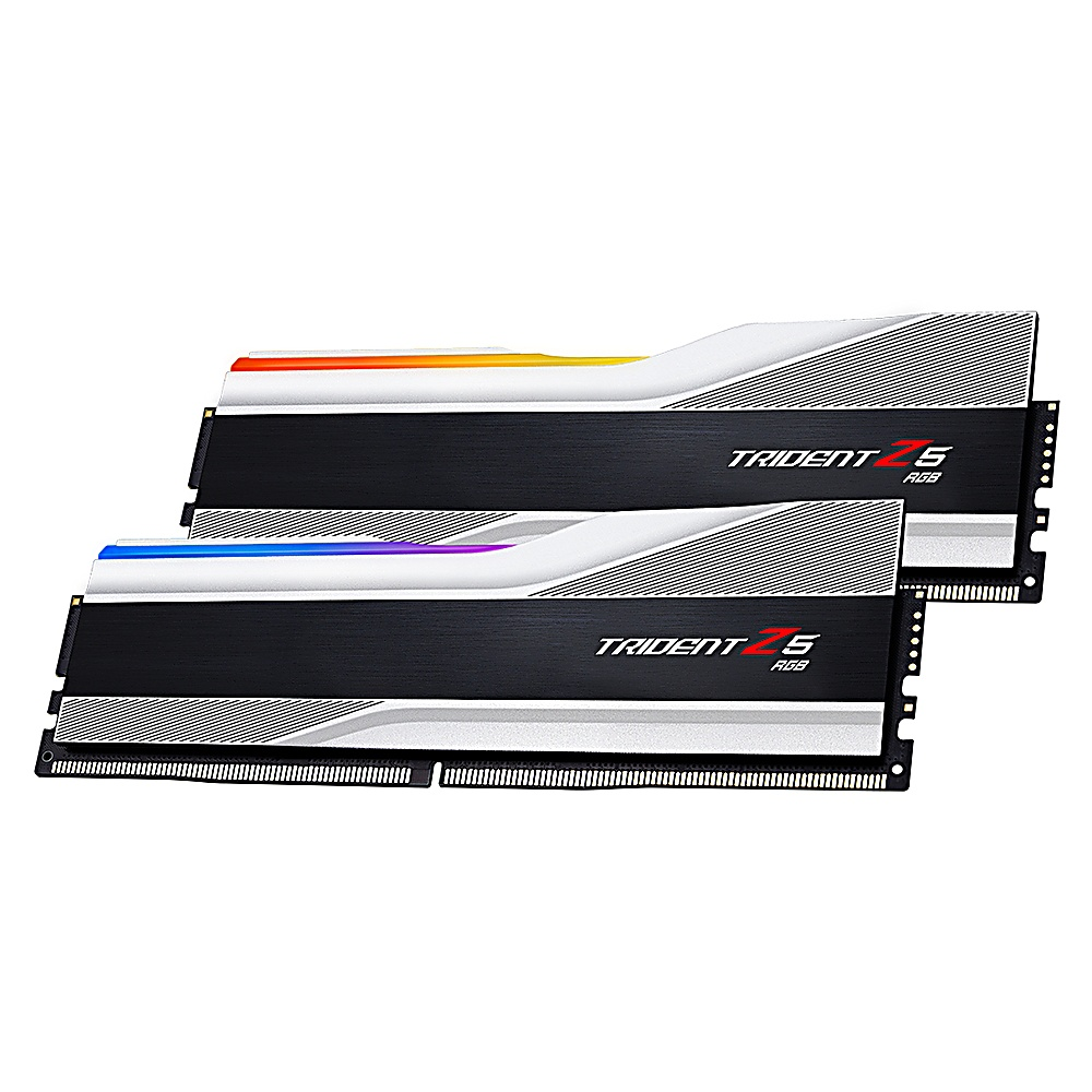Dwa moduły RAM z czarno-białym designem. Podświetlenie RGB i napis TRIDENT Z5 RGB.