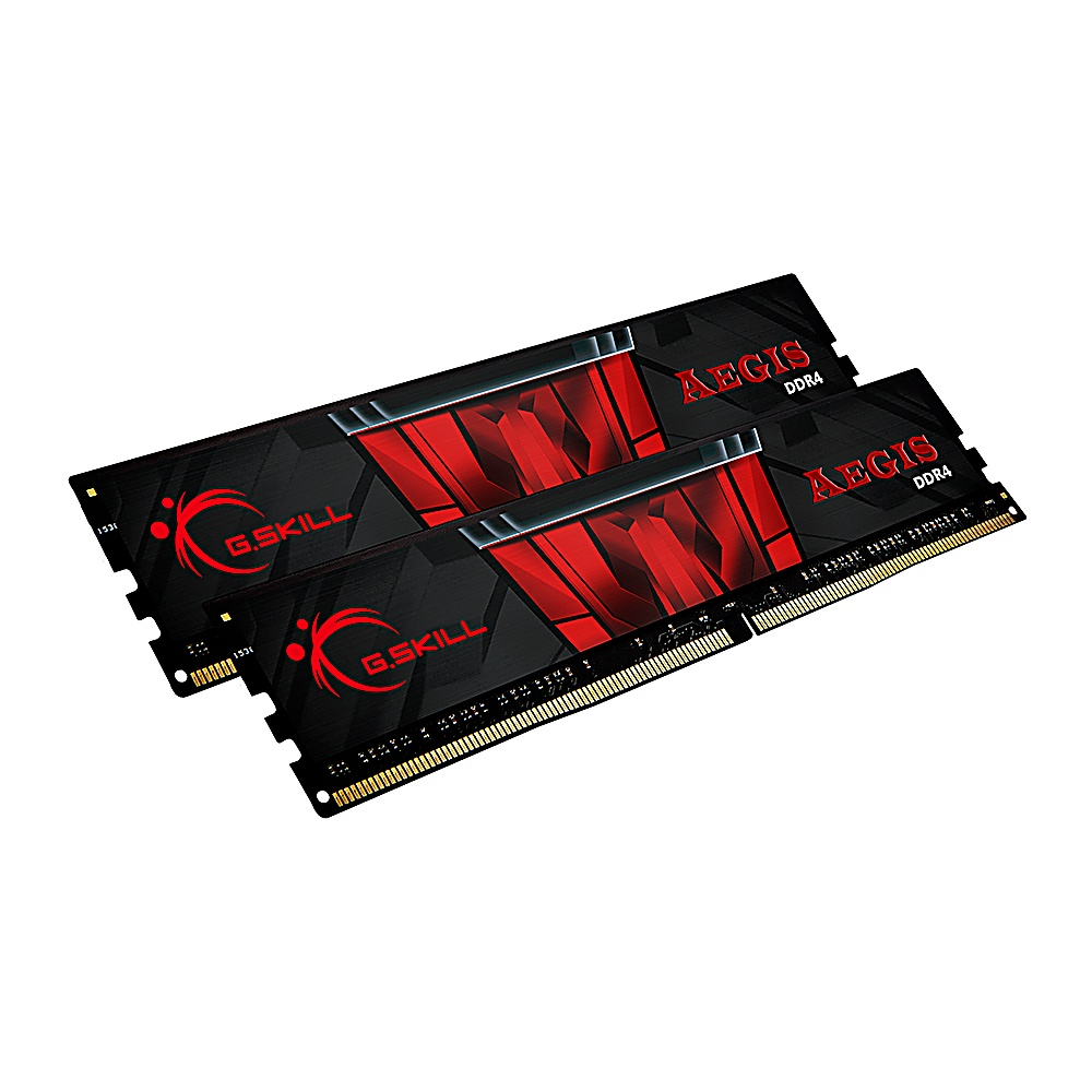 Dwa moduły RAM w czarno-czerwonym designie. Napis G.SKILL AEGIS DDR4.