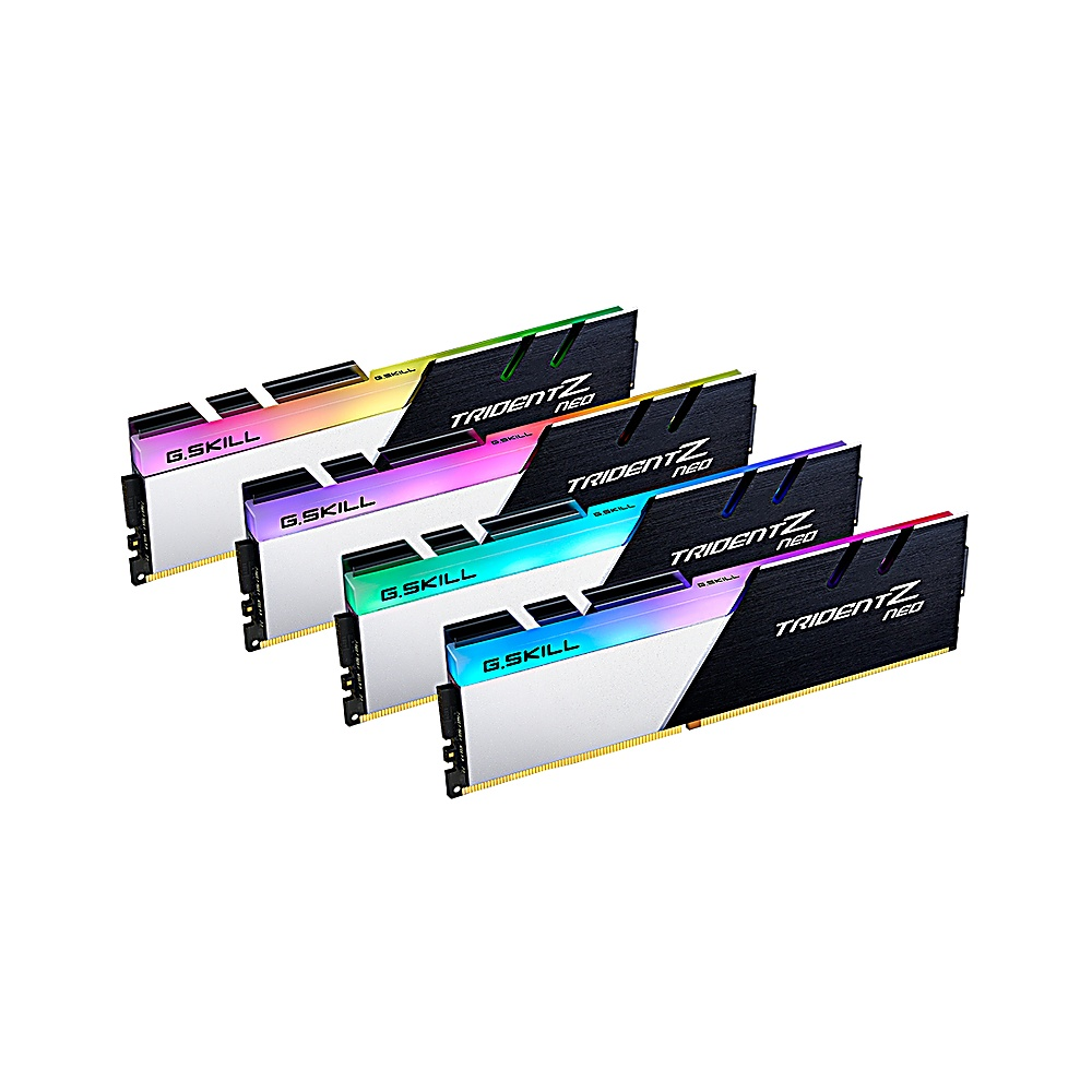 Quattro moduli RAM con design bianco e nero. Illuminazione RGB e TRIDENT Z NEO.