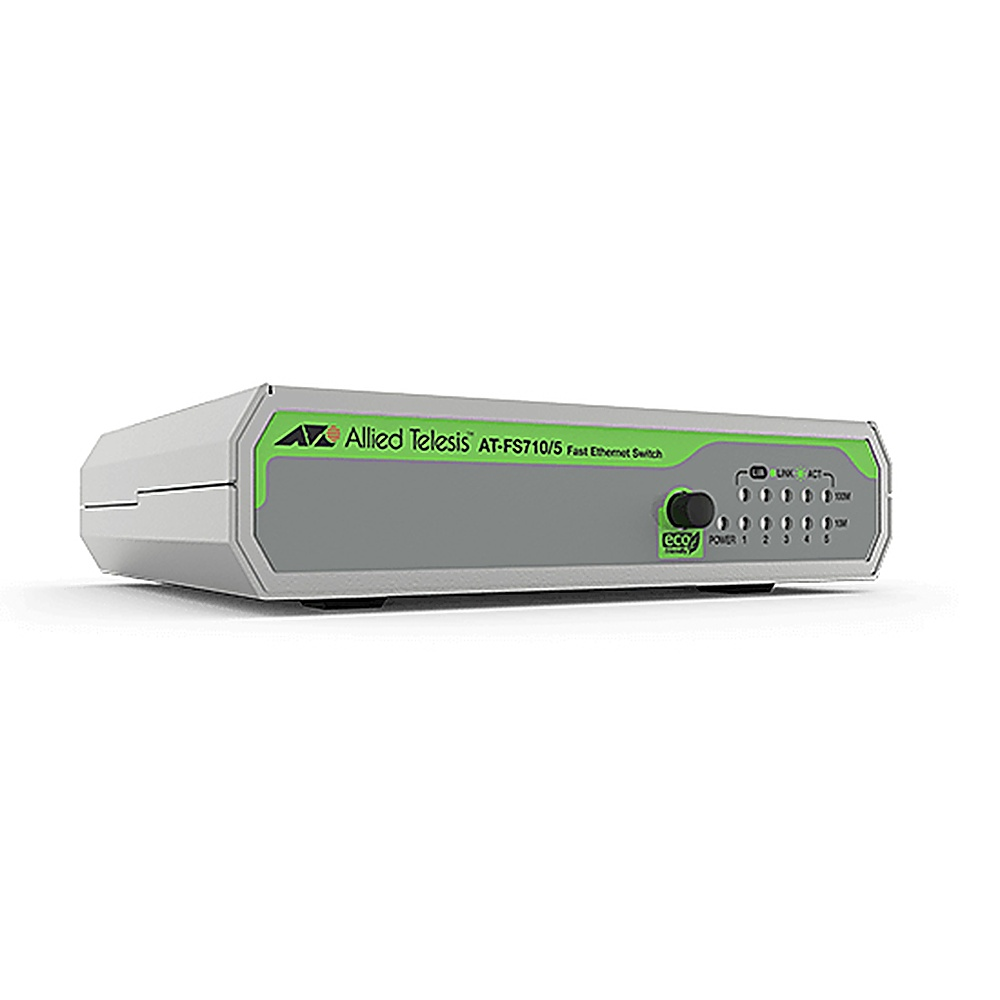 Uno switch Ethernet veloce Allied Telesis AT-FS710/5 grigio e verde. Ha porte, indicatori e il logo.
