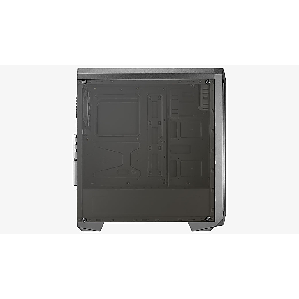 Obudowa komputera, widok z boku. Czarna z widocznym wnętrzem. Widoczny panel szklany i szczegóły przedniego panelu.