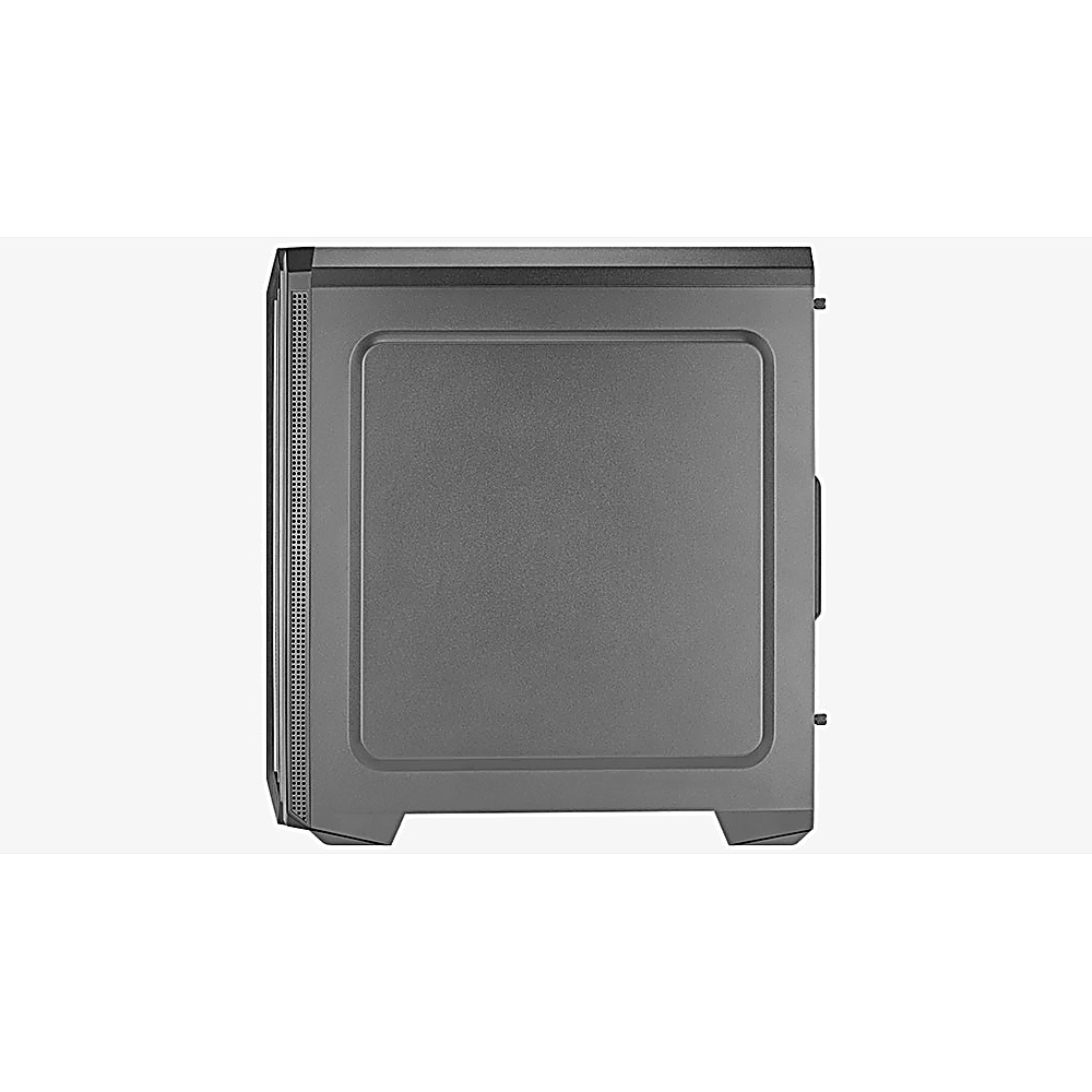 Widok z boku szarej obudowy komputera. Jest szara i ma perforowany panel boczny.