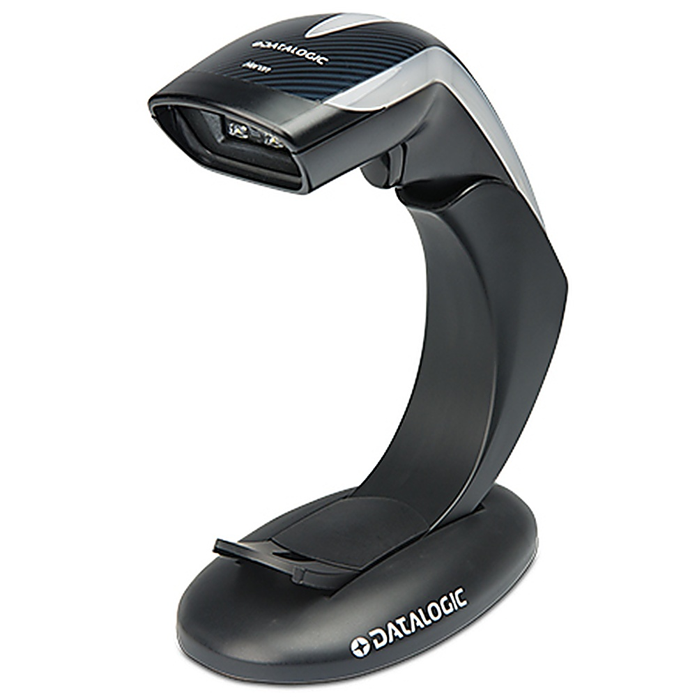 Lettore di codici a barre nero su supporto. Marca Datalogic. Design elegante e curvo.