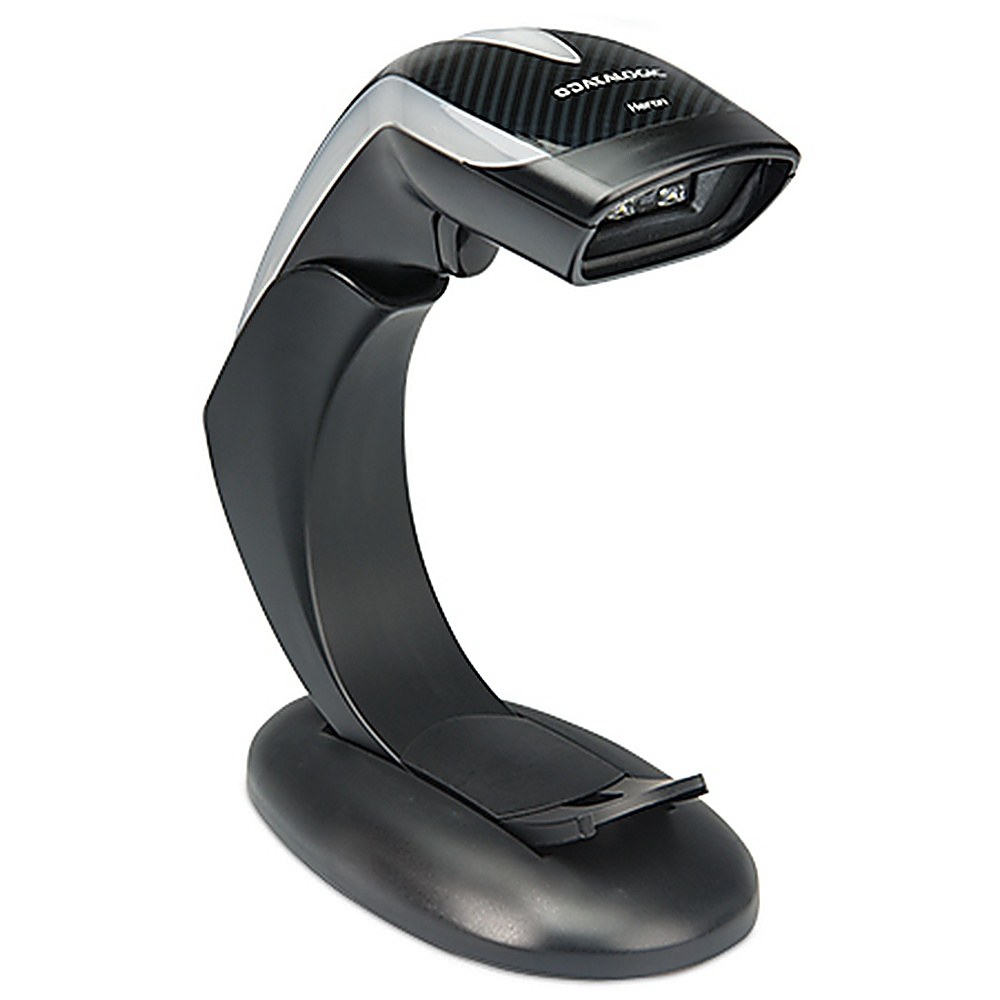Lettore di codici a barre nero e argento su supporto. Marca Datalogic Heron.