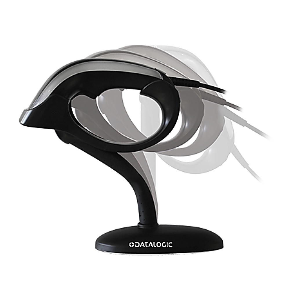 Uno scanner di codici a barre nero su una base nera. Lo scanner è inclinato.