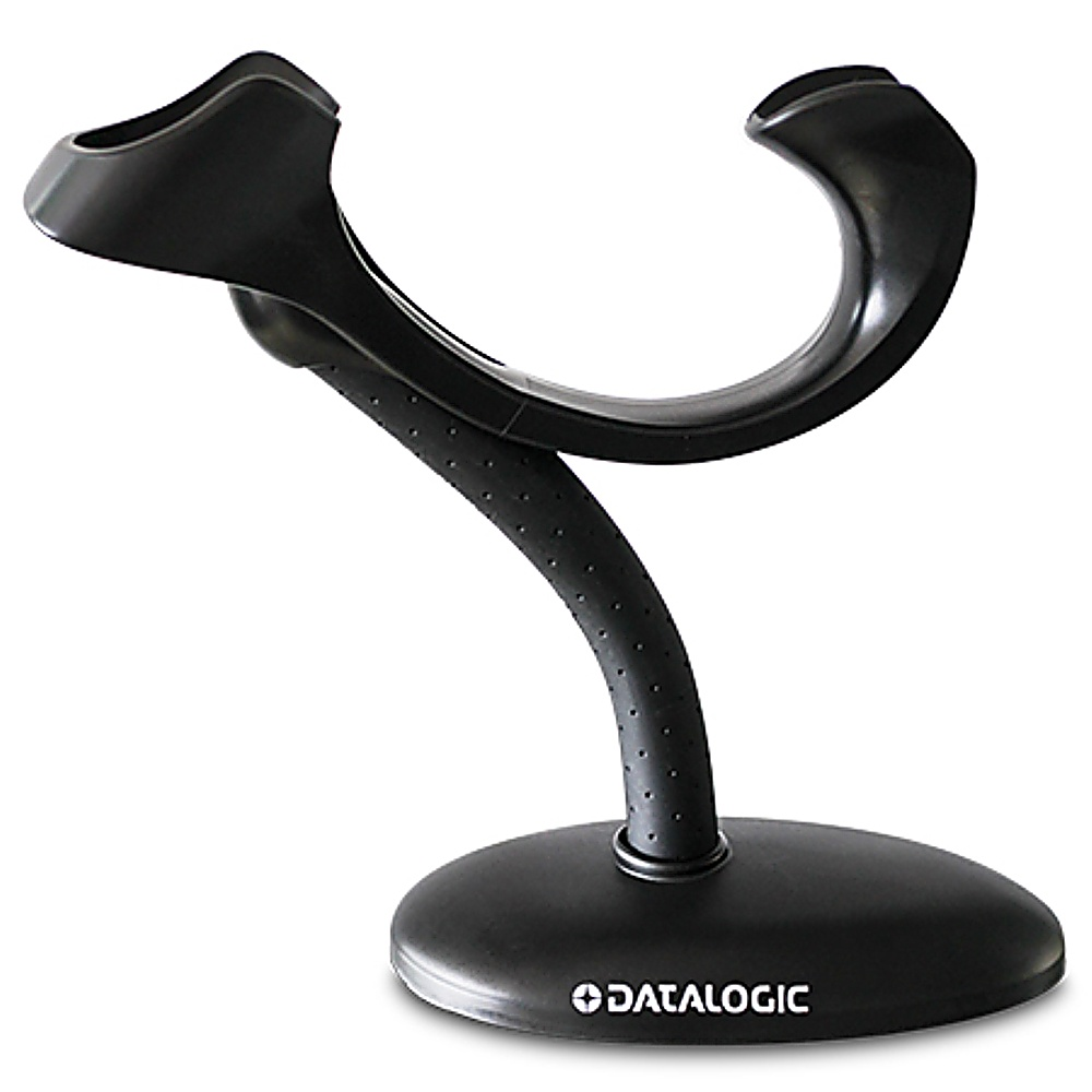 Supporto per scanner nero con parte superiore curva, su base rotonda. Logo Datalogic visibile.