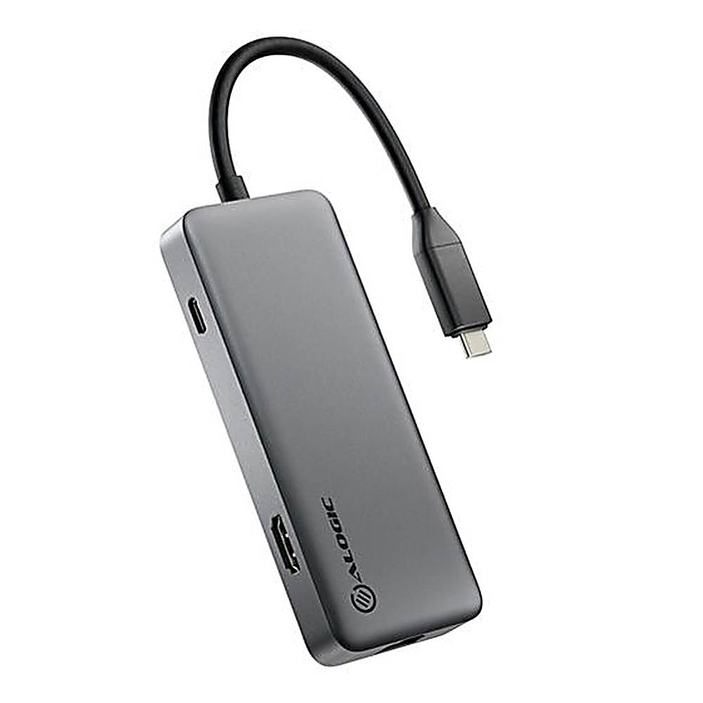 Un hub USB-C ALOGIC grigio con cavo collegato e porte per vari dispositivi.